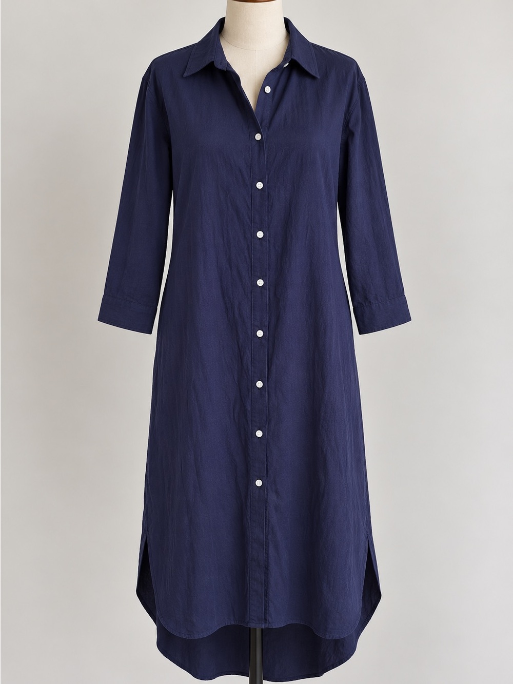 Cotton Shirt Dress Navy Button Front Small High Low Hem Midi Maxi